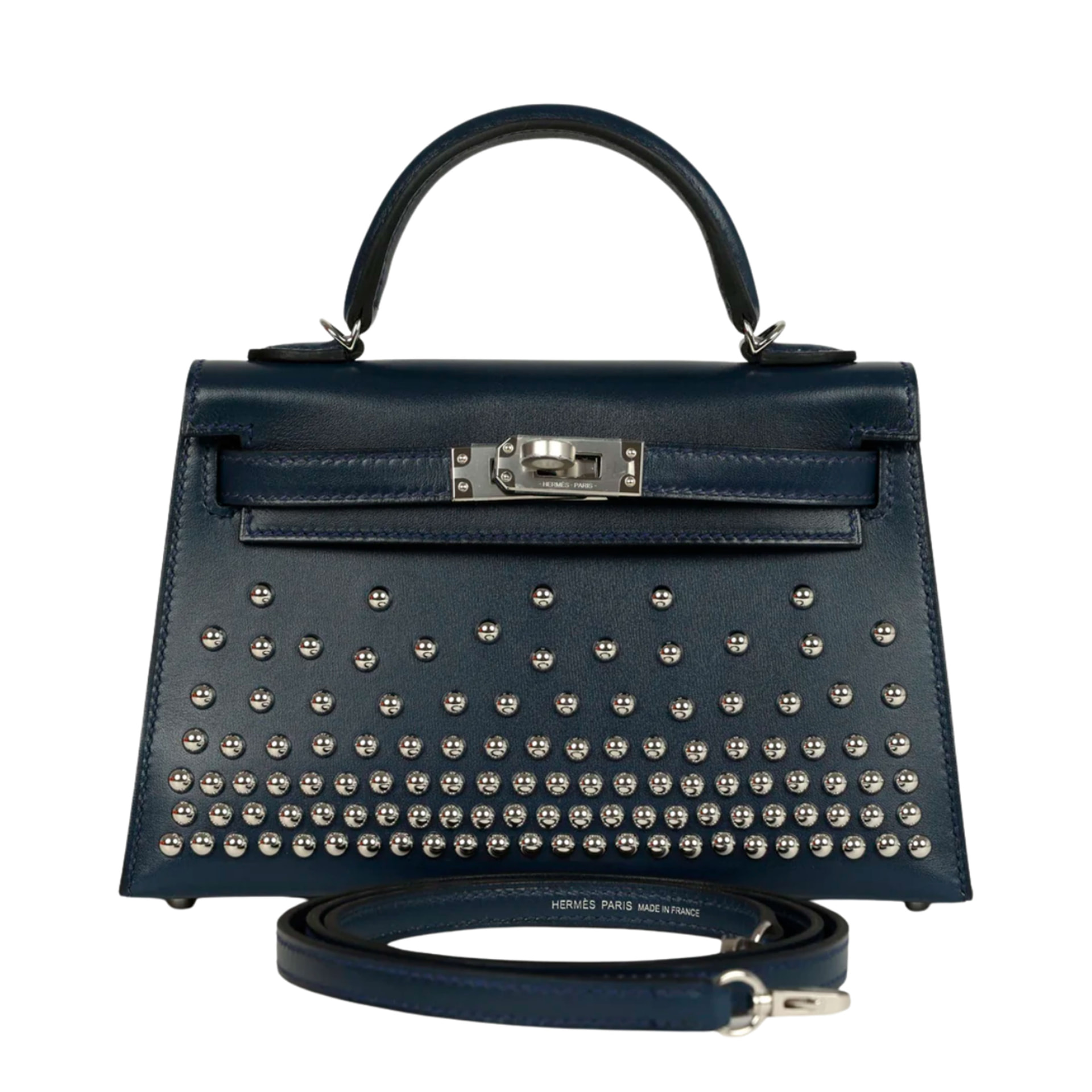 Hermès Kelly 20 Mini Clouté in Bleu Abyss Box leather with palladium hardware