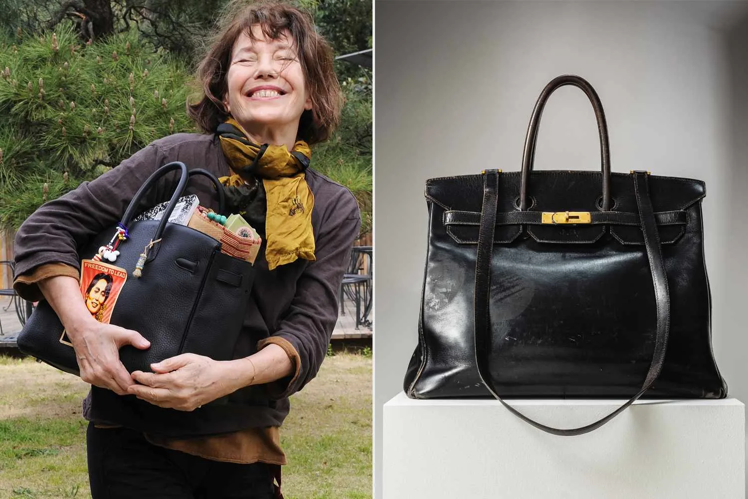 Jane Birkin holding her Birkin, beside the original bag on a plinth