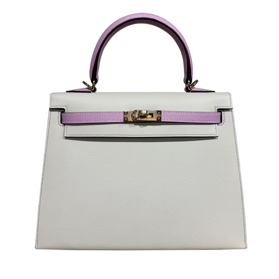 Kelly 25 HSS Craie | Mauve Sylvestre Epsom Permabrass Hardware stamp U