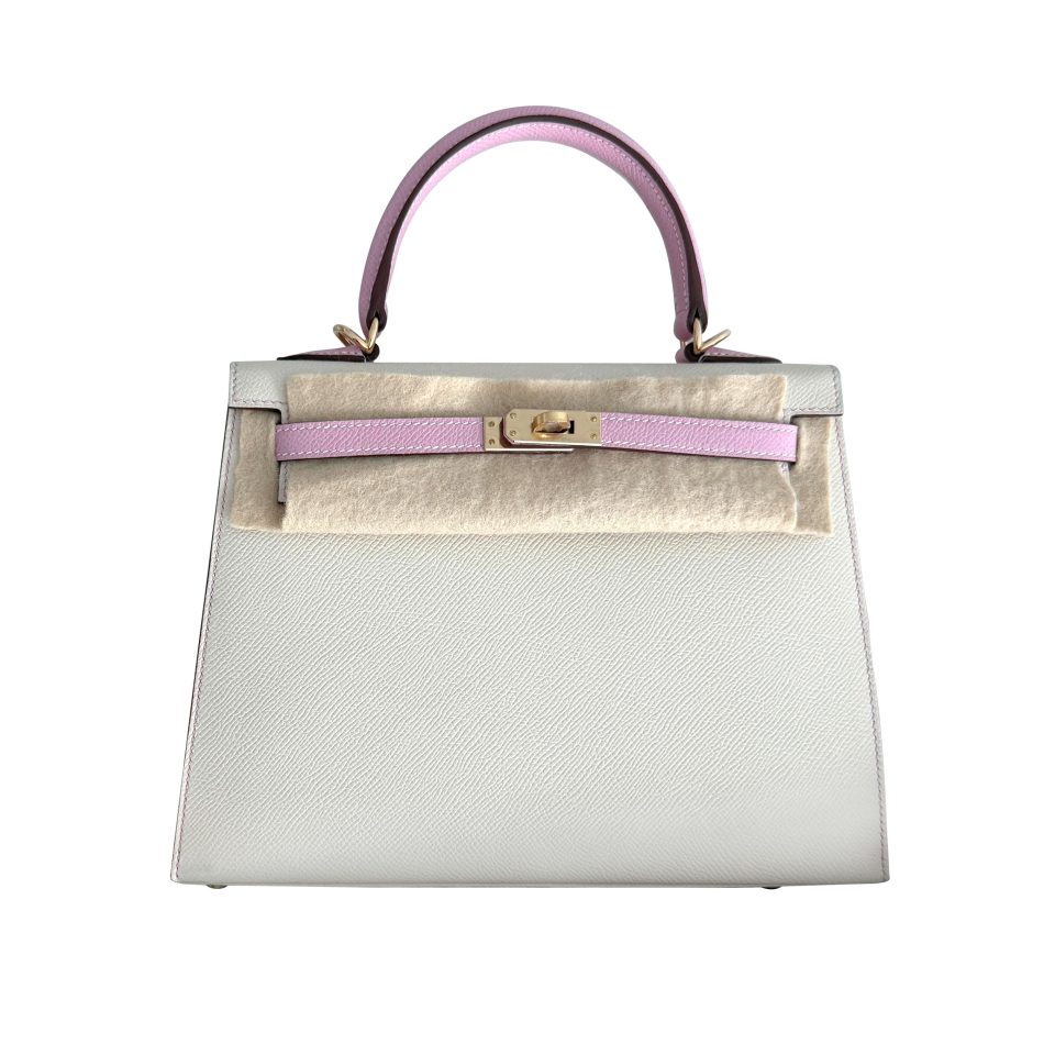 Kelly 25 HSS Craie | Mauve Sylvestre Epsom Permabrass Hardware stamp U