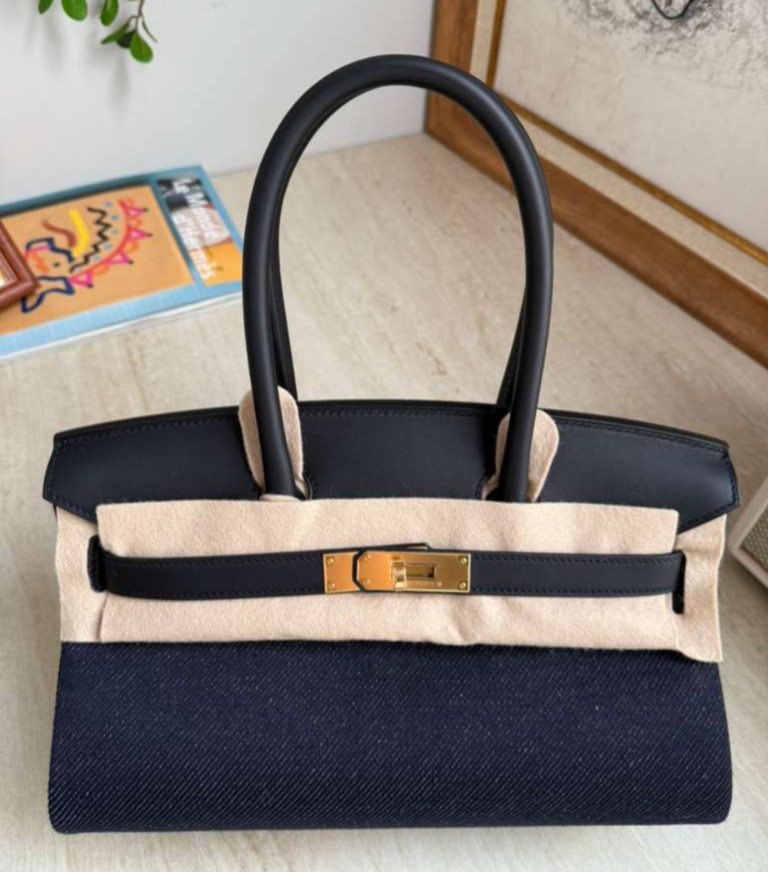 Birkin 29 Shoulder Denim Black Blue Indigo Gold