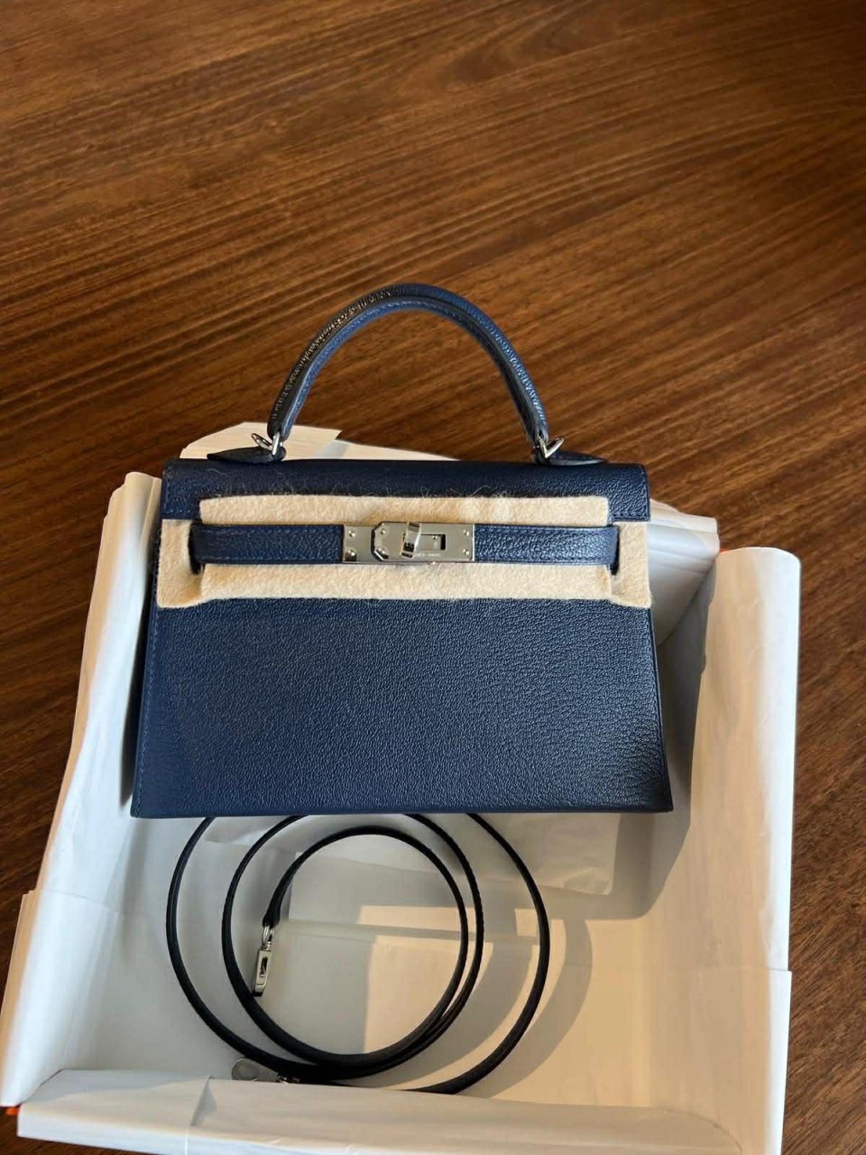 Kelly 20 Mini Blue Navy Blue Zellige Chevre Palladium