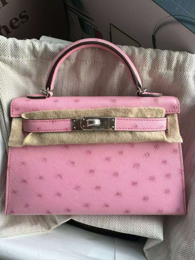 Kelly 20 Mini Bubblegum Ostrich Palladium