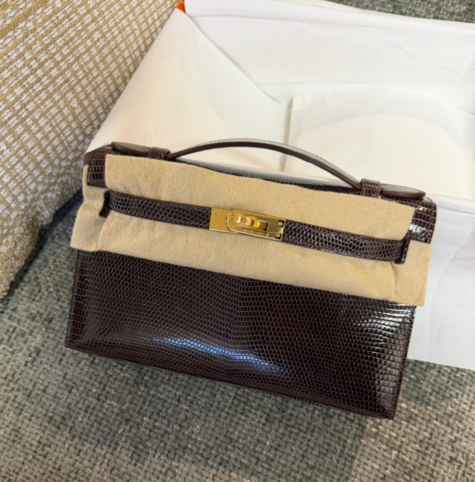 Kelly Pochette Cacao Salvator Lizard Gold