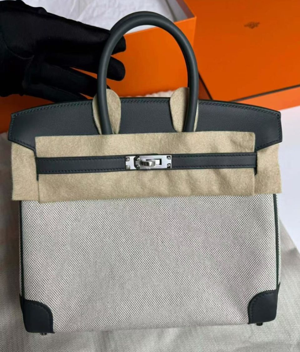 Birkin 25 Toile Vert Mangrove Palladium