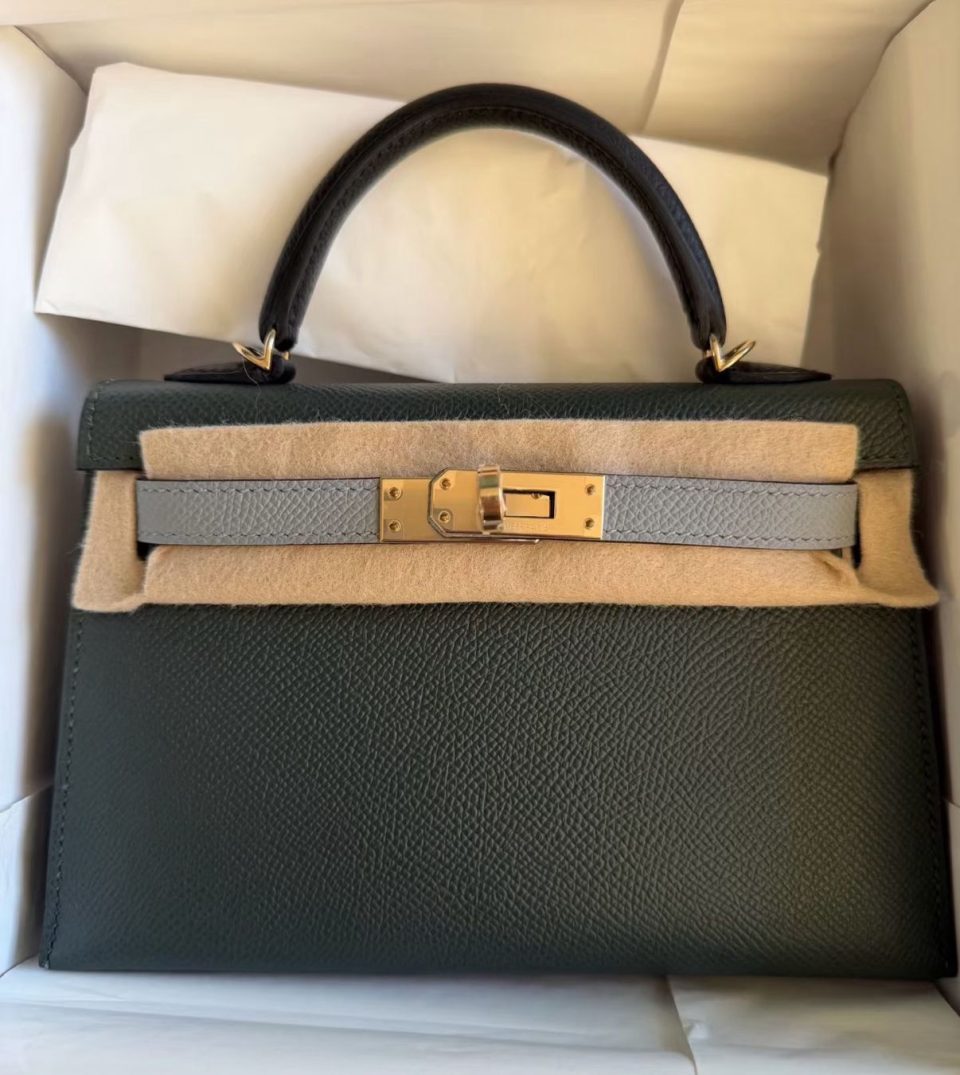 Kelly 20 Mini Tricolor Vert Mangrove Gris Pantin Black Epsom Permabrass