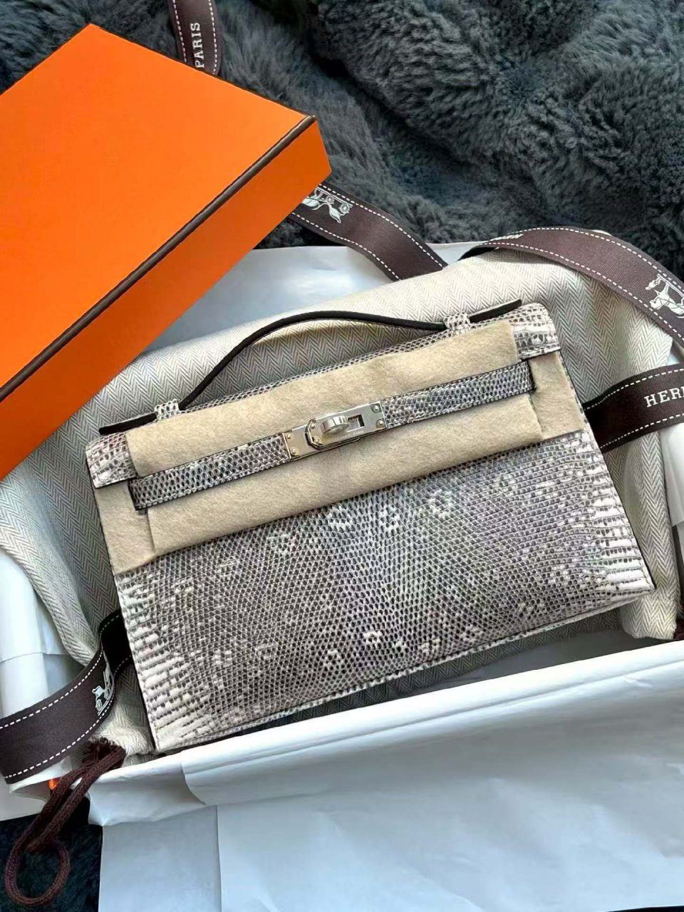 Kelly Pochette Ombre Salvator Lizard Palladium