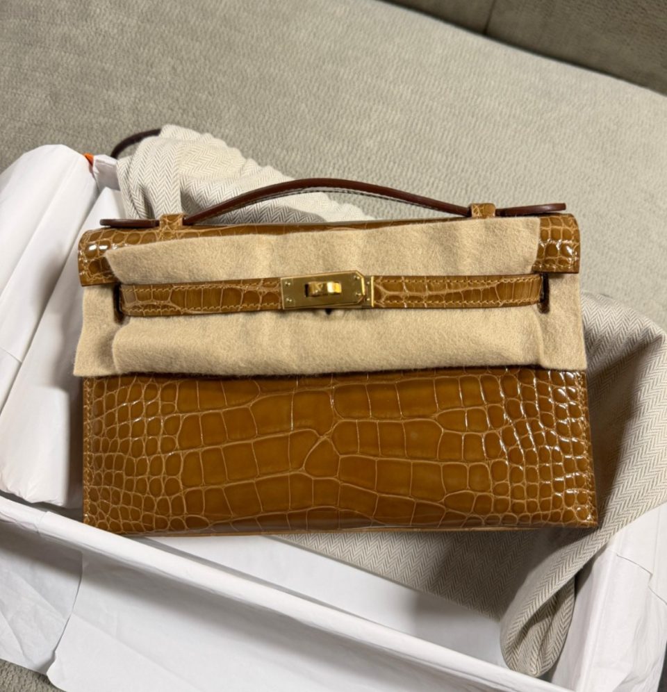 Kelly Pochette Tabac-Camel Alligator Gold