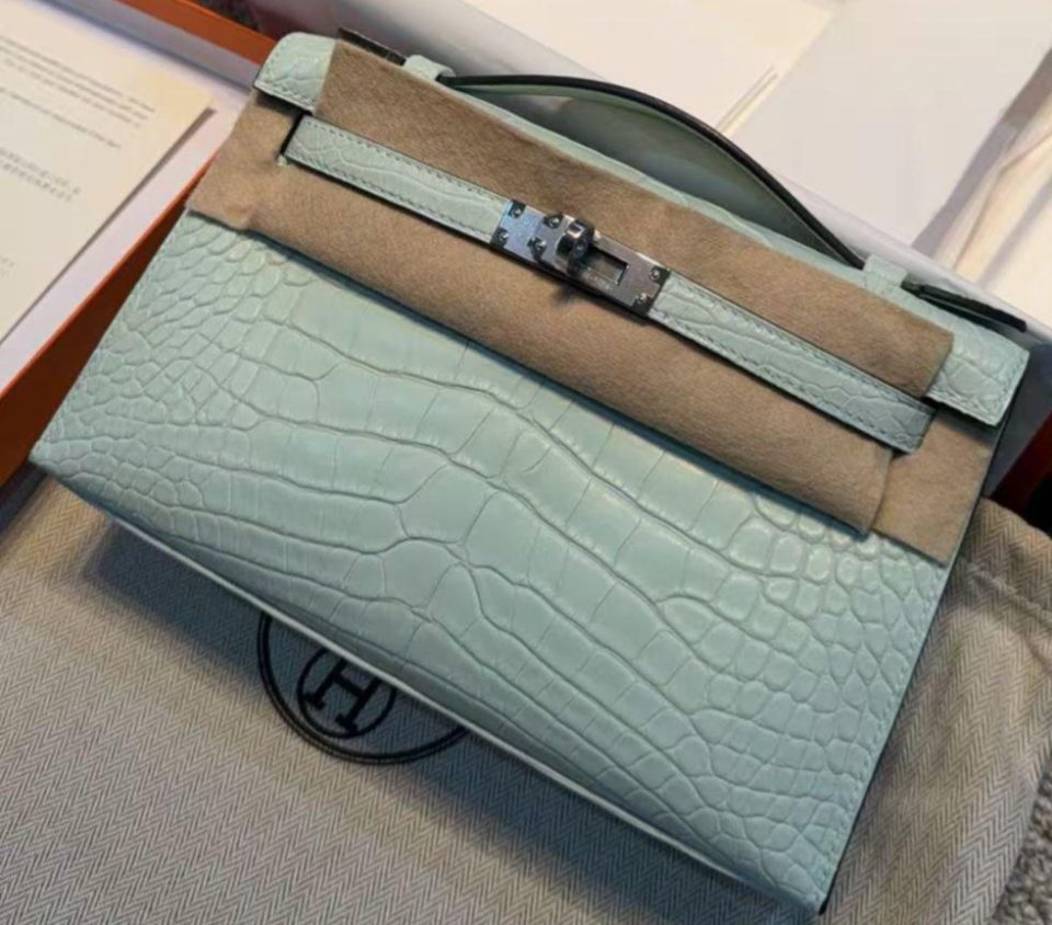 Kelly Pochette Vert Peppermint Alligator Palladium