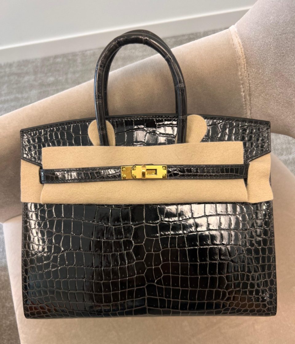 Birkin 25 Gris Graphite Porosus Crocodile Gold
