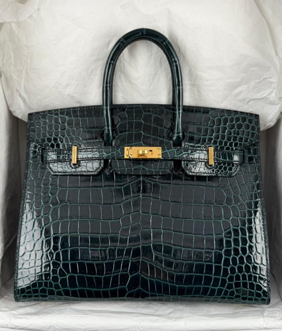 Birkin 25 Vert Rousseau Porosus Crocodile Gold