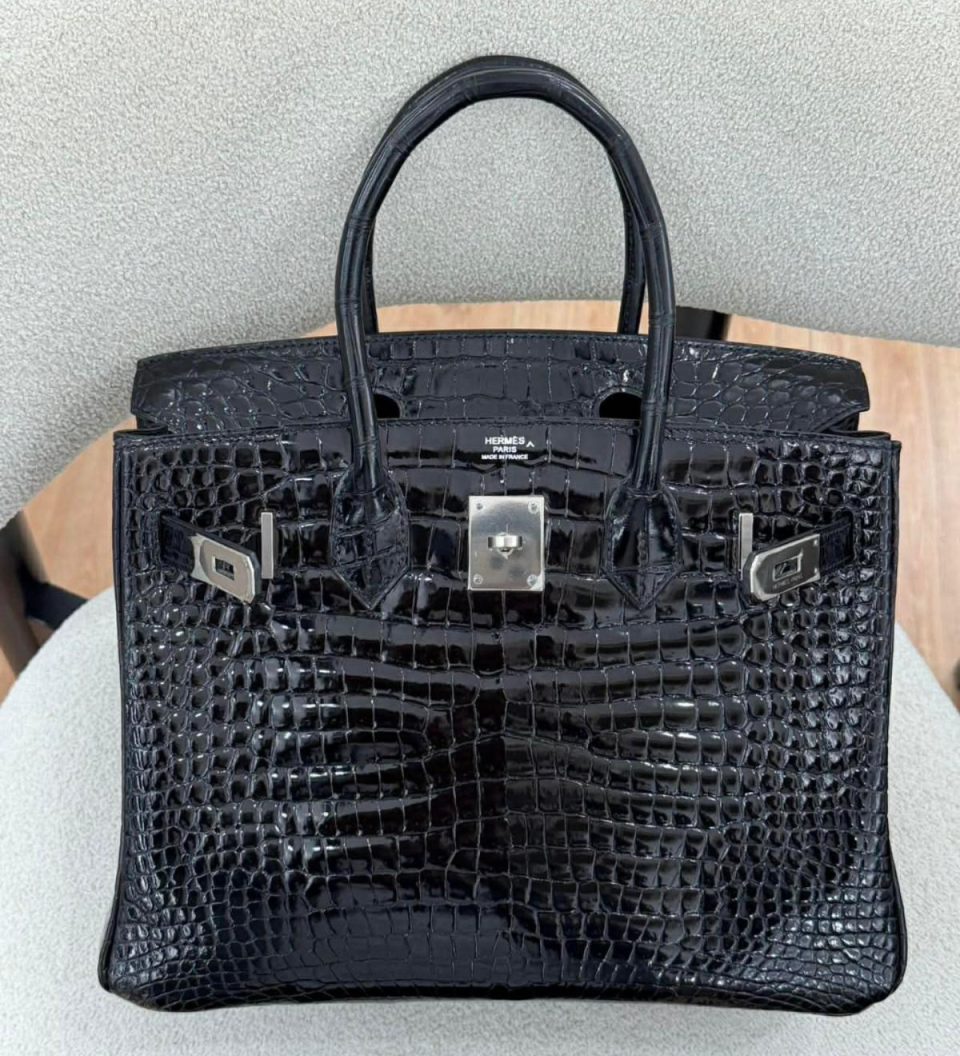 Birkin 30 Black Porosus Crocodile Palladium