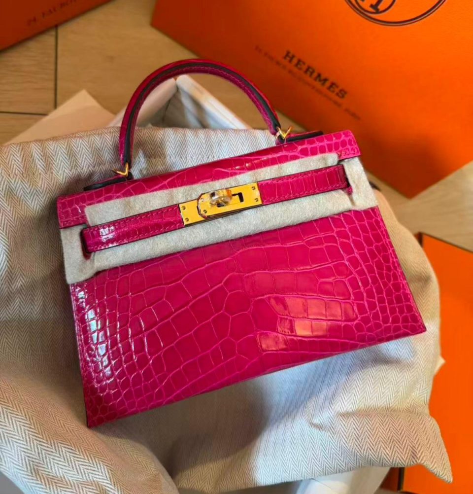 Kelly 20 Mini Framboise Niloticus Crocodile Gold