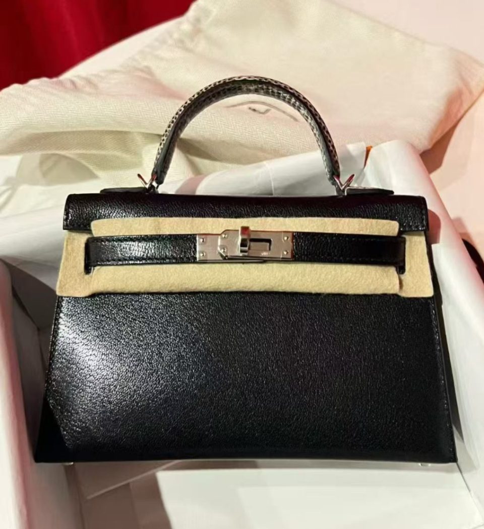 Kelly 20 Mini Touch Black Ombre Chevre Palladium