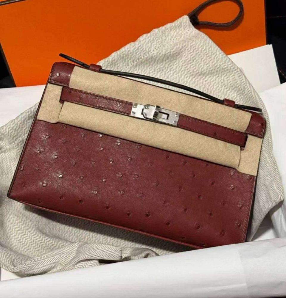 Kelly Pochette Rouge H Ostrich Palladium