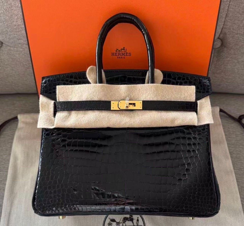 Birkin 25 Black Porosus Crocodile Gold