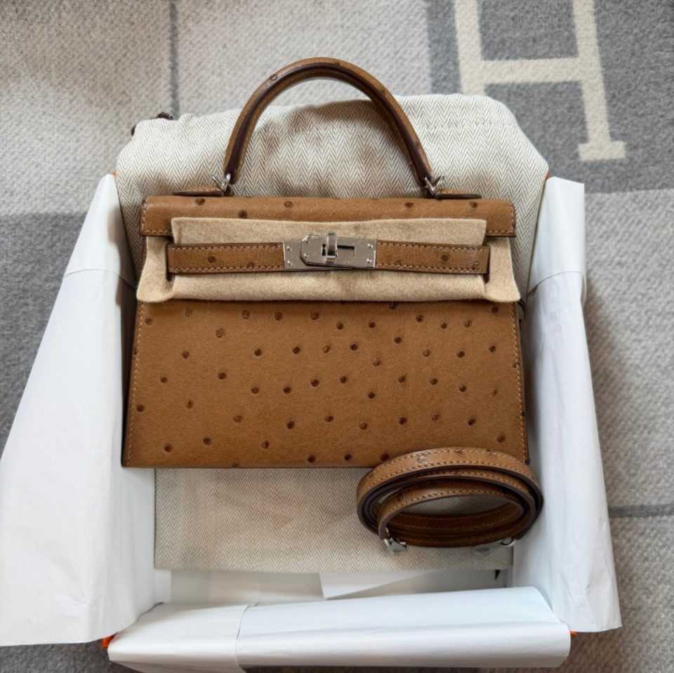 Kelly 20 Mini Biscuit Ostrich Palladium