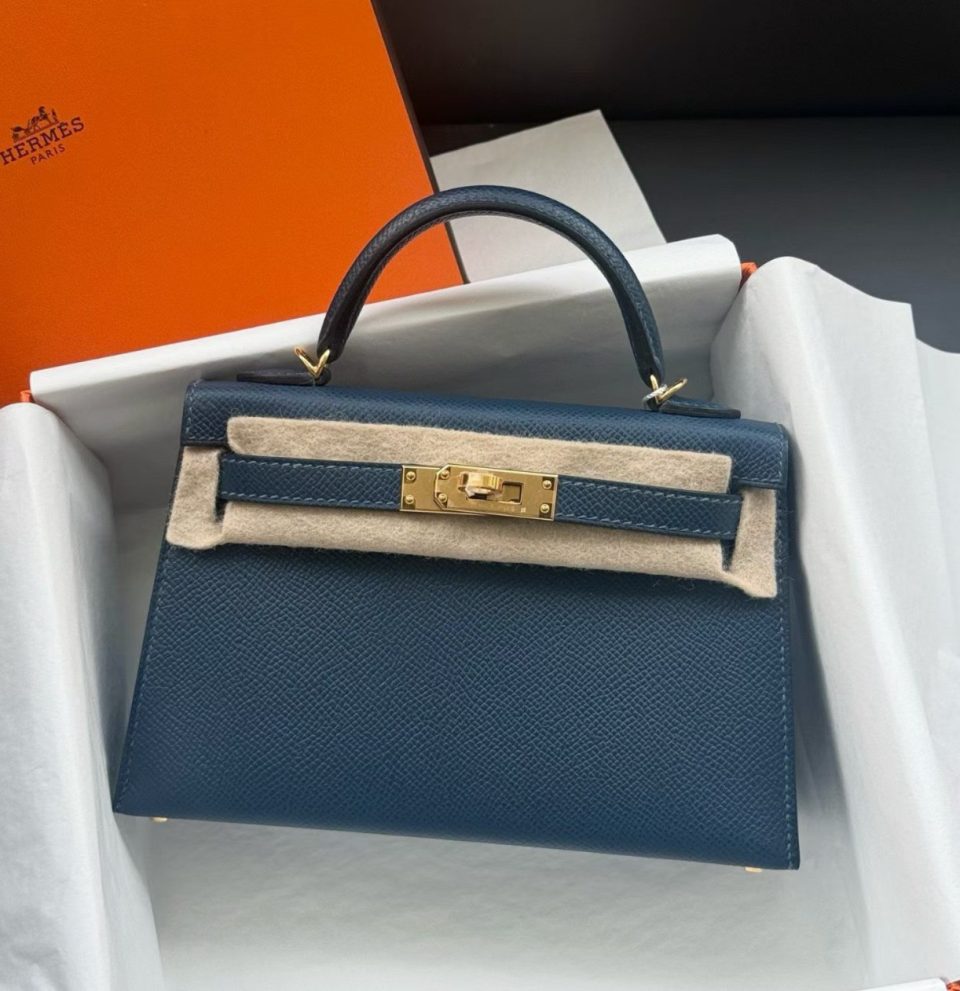Kelly 20 Mini Blue de Prusse Epsom Gold
