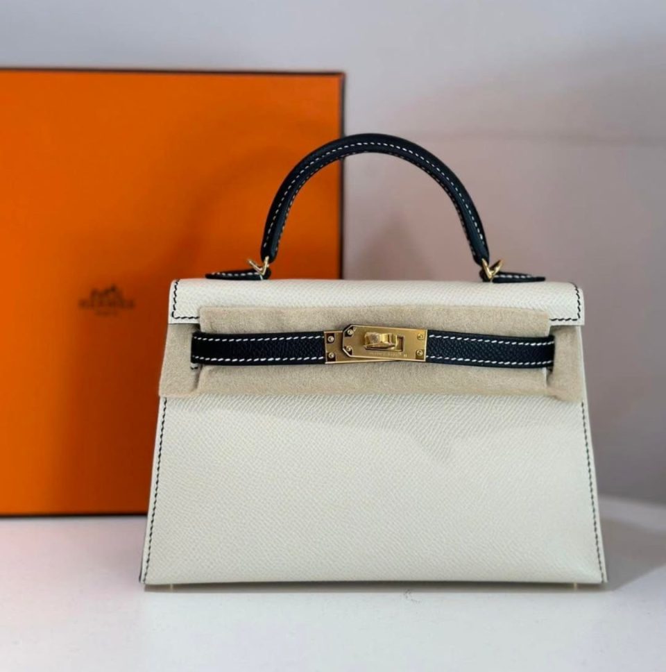 Kelly 20 Mini Panda Craie Black Epsom Gold