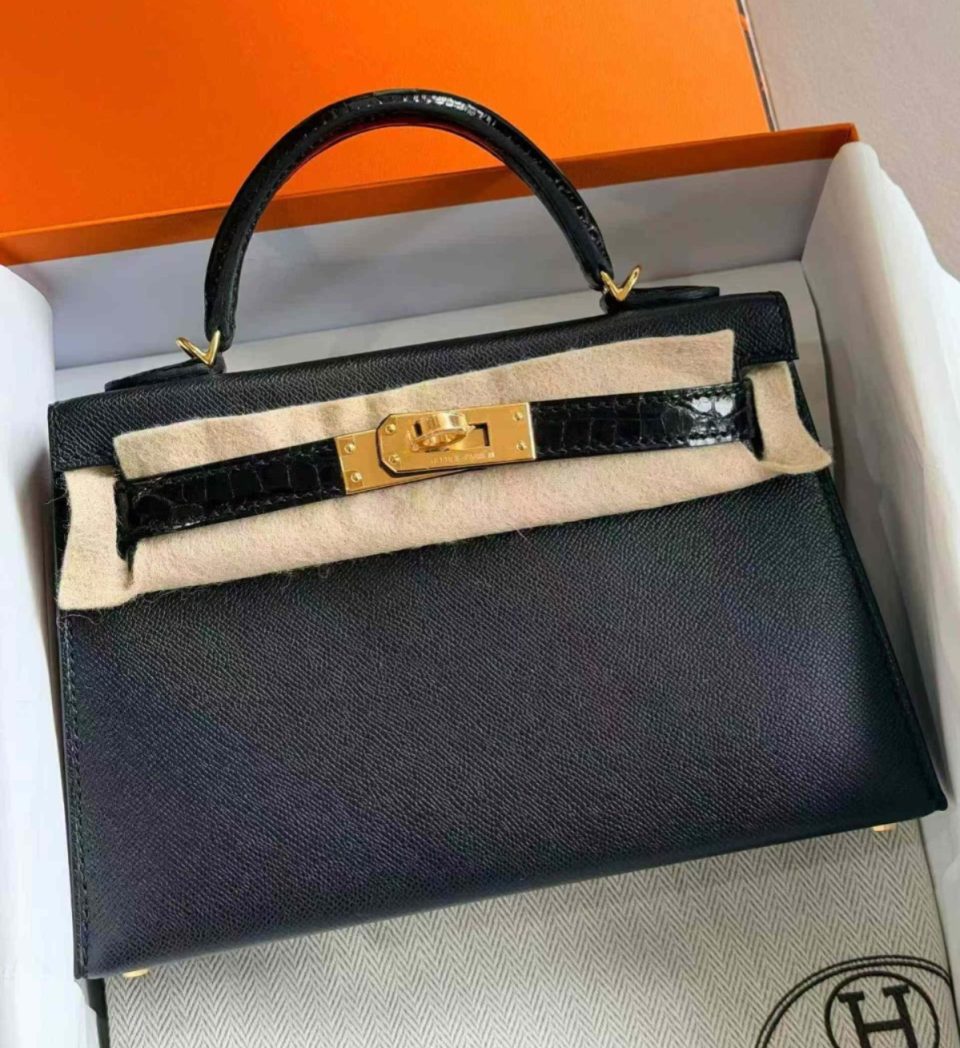 Kelly 20 Mini Touch Black Croco Gold