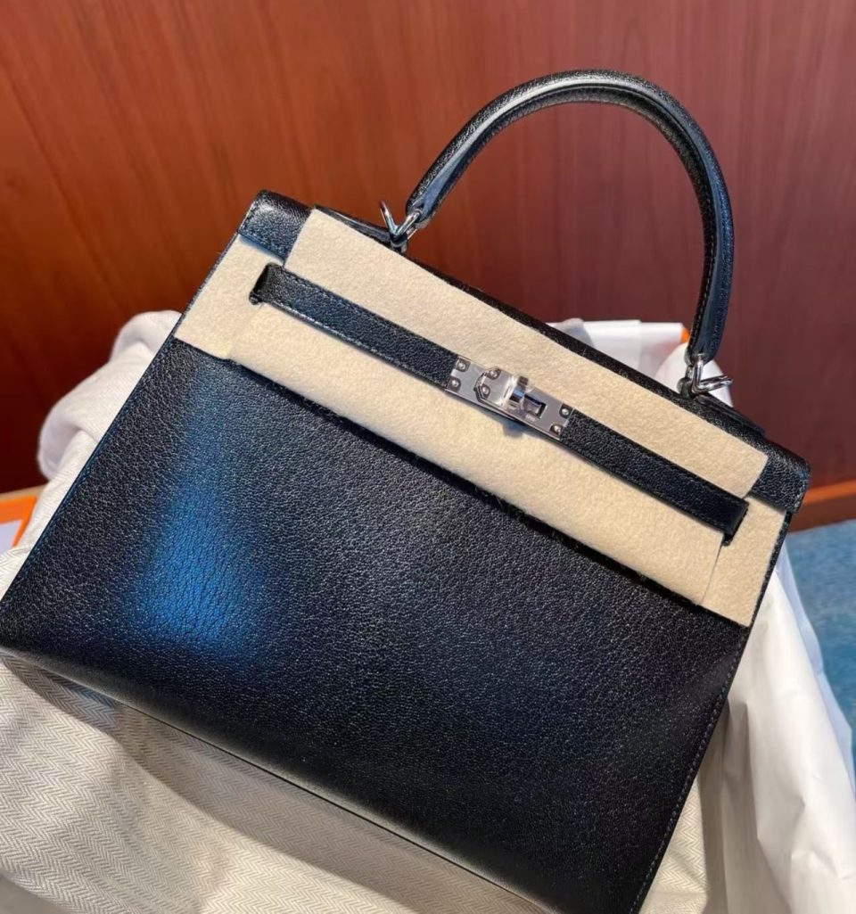 Kelly 25 Black Chevre Palladium