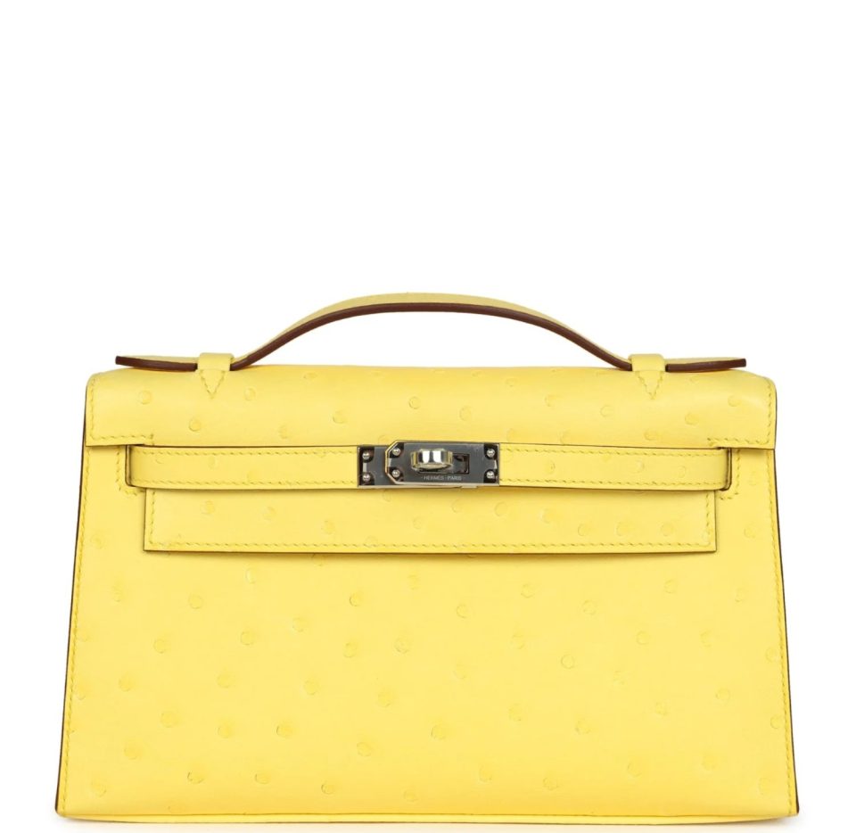 Kelly Pochette Jaune Citron Ostrich Palladium