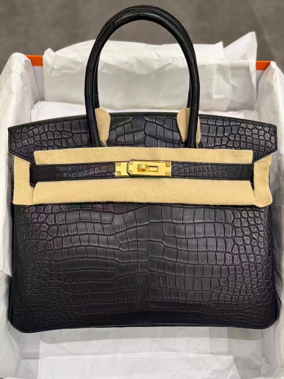 Birkin 30 Black Porosus Crocodile Gold