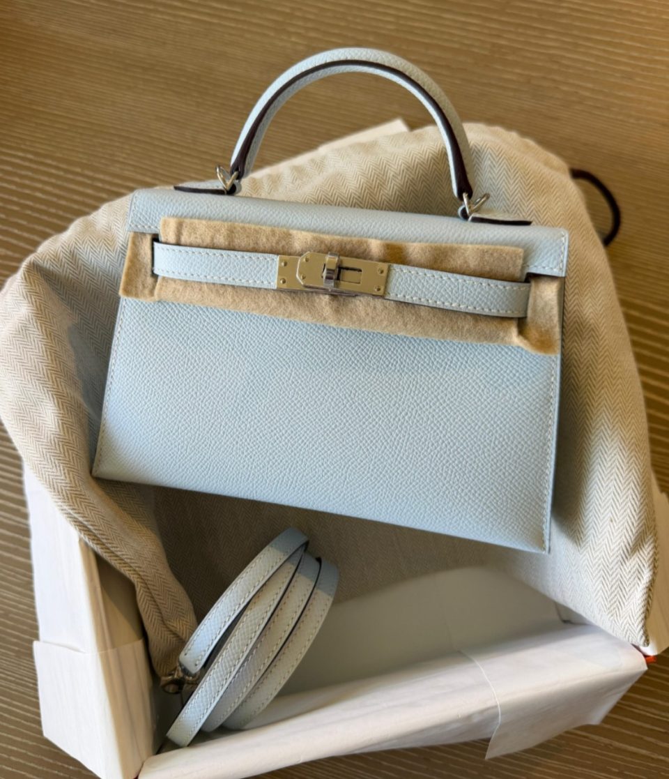 Kelly 20 Mini Blue Brume Epsom Palladium
