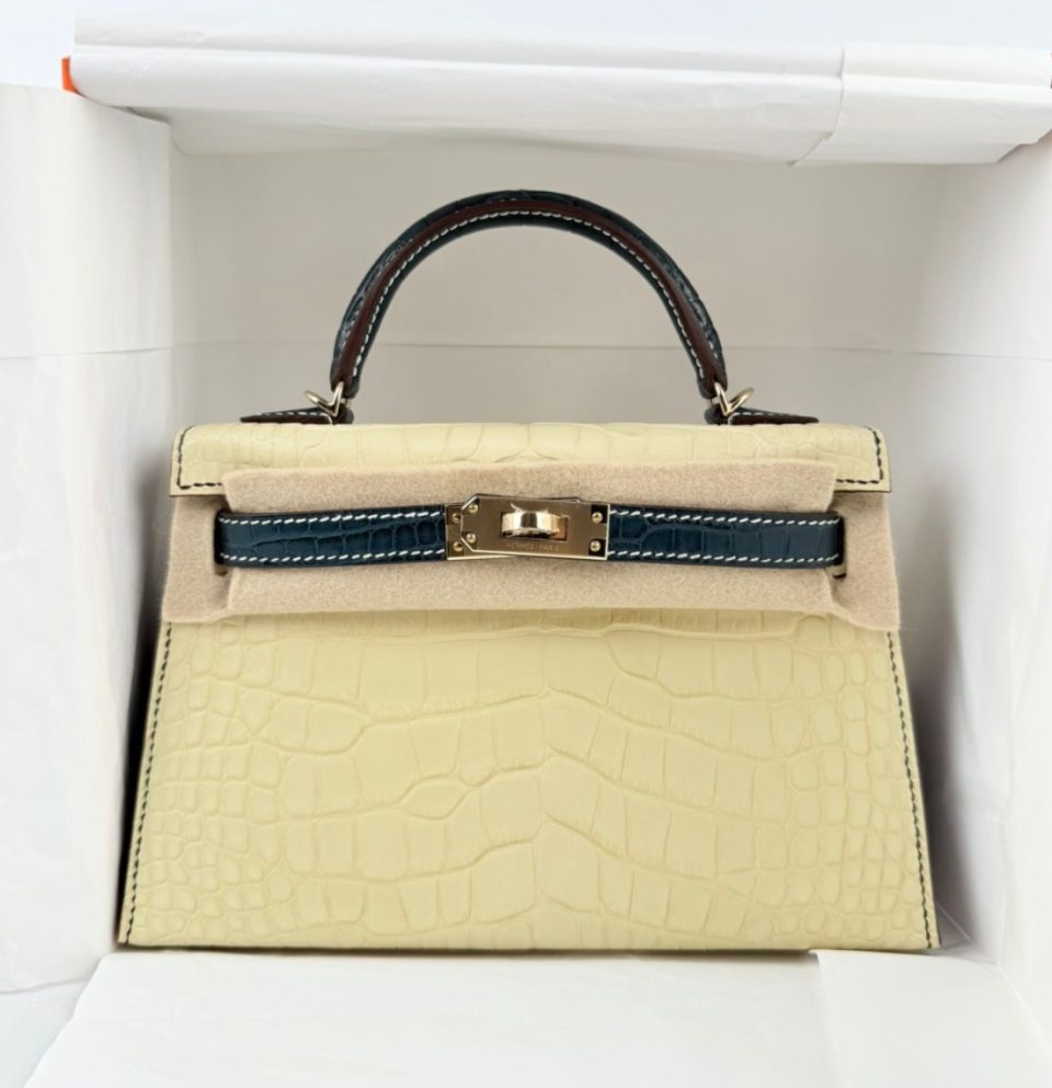Kelly 20 Mini HSS Vanilla Vert Rousseau Alligator Permabrass
