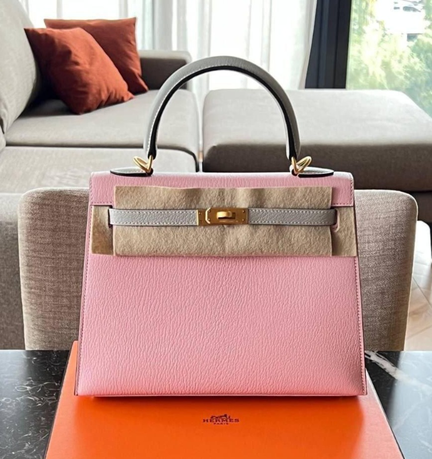 Kelly 25 HSS Rose Sakura Gris Perle Chevre Gold