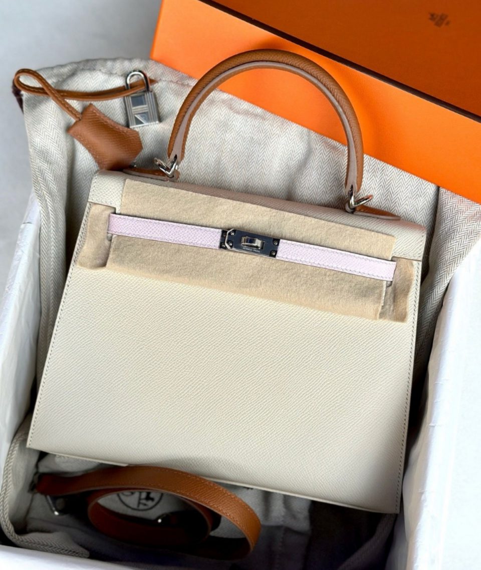 Kelly 25 Tricolor Craie Mauve Pale Gold Epsom Palladium