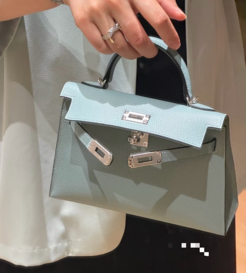 Kelly 20 Mini Blue Ciel Epsom Palladium