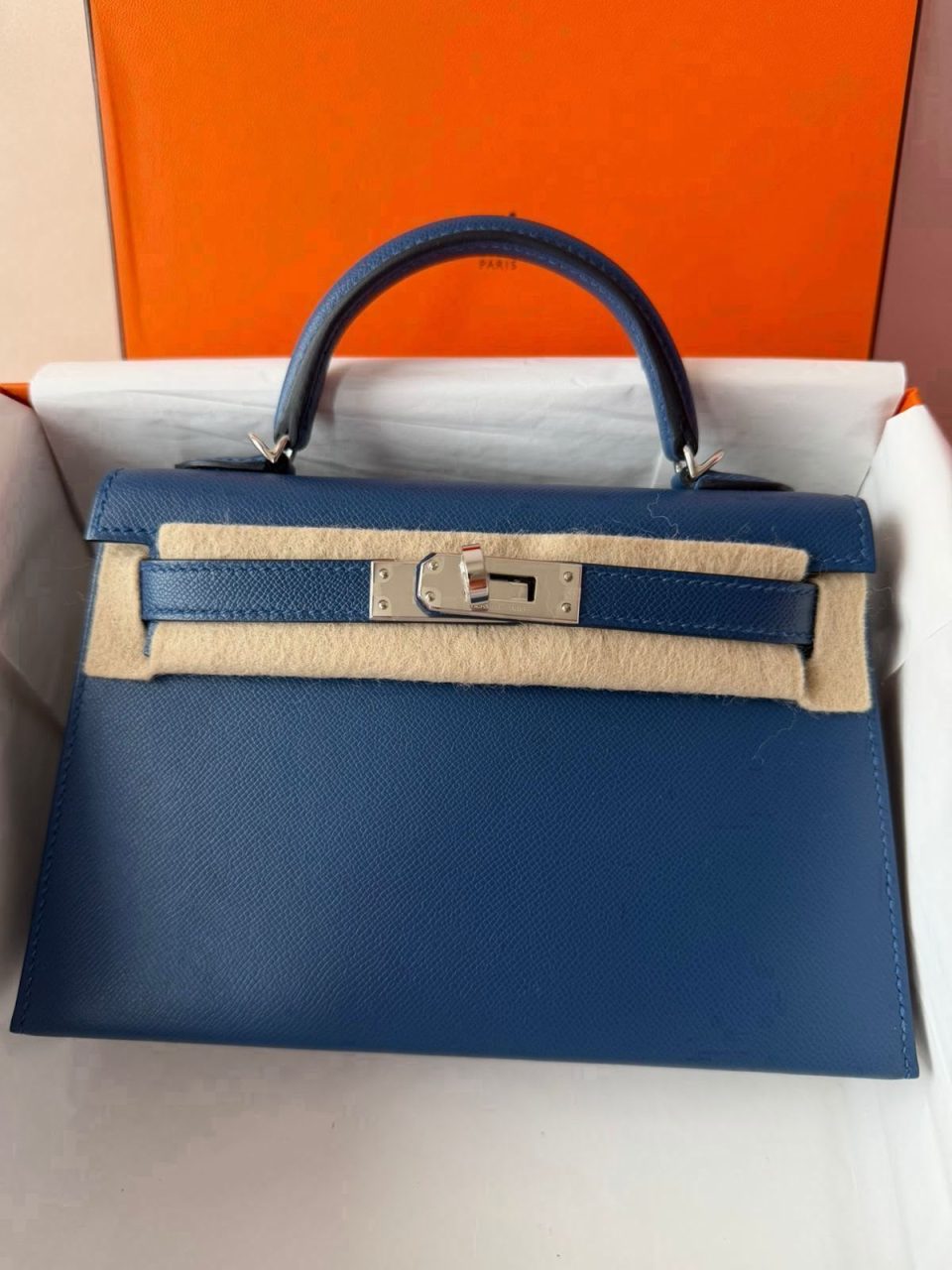 Kelly 20 Mini Blue Tie Epsom Palladium