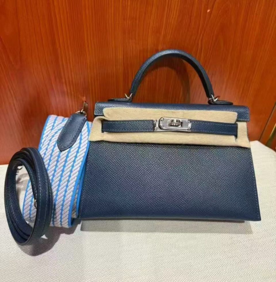 Kelly 20 Mini Blue de Prusse Epsom Palladium