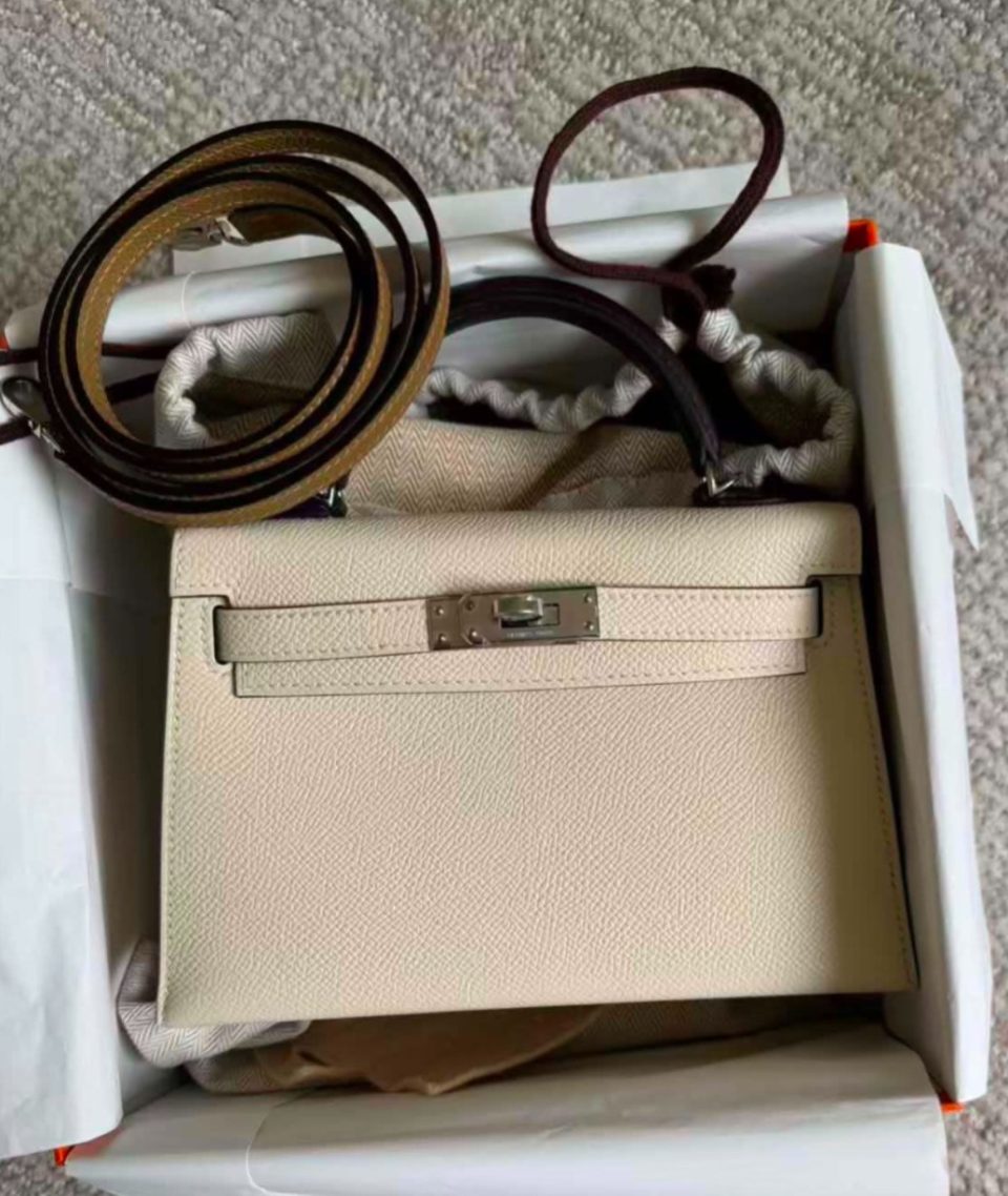 Kelly 20 Mini Tricolor Nata Chai Gris Meyer Epsom Palladium