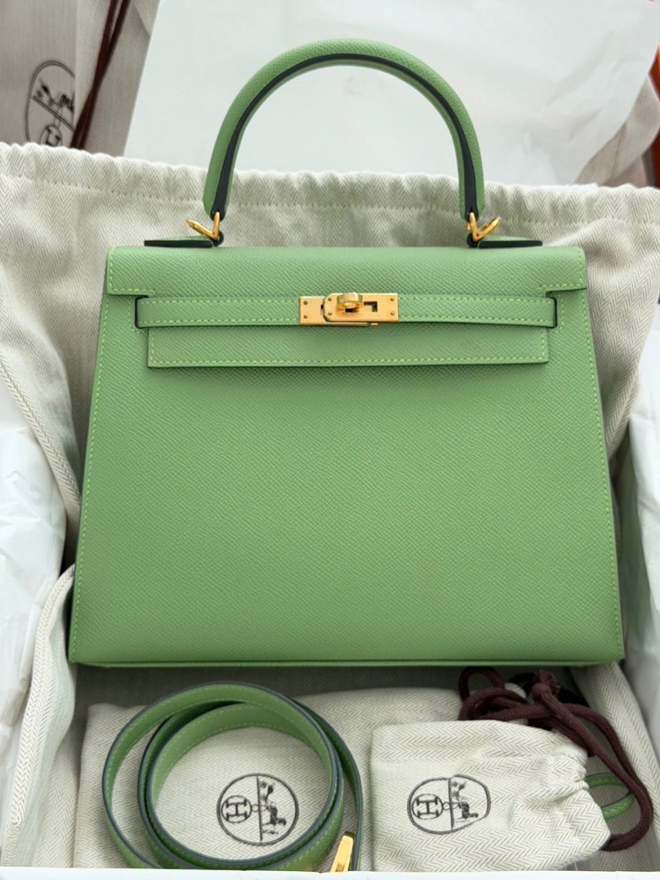Kelly 25 Vert Criquet Epsom Gold