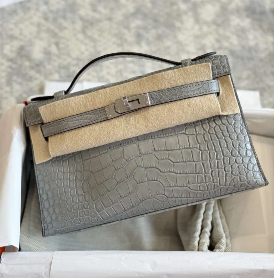 Kelly Pochette Gris Ciment Alligator Palladium