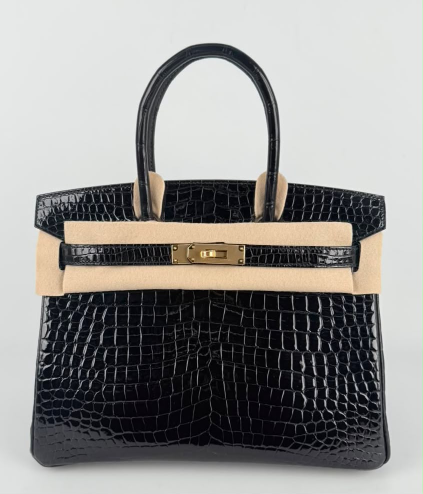 Birkin 30 Black Porosus Crocodile Gold