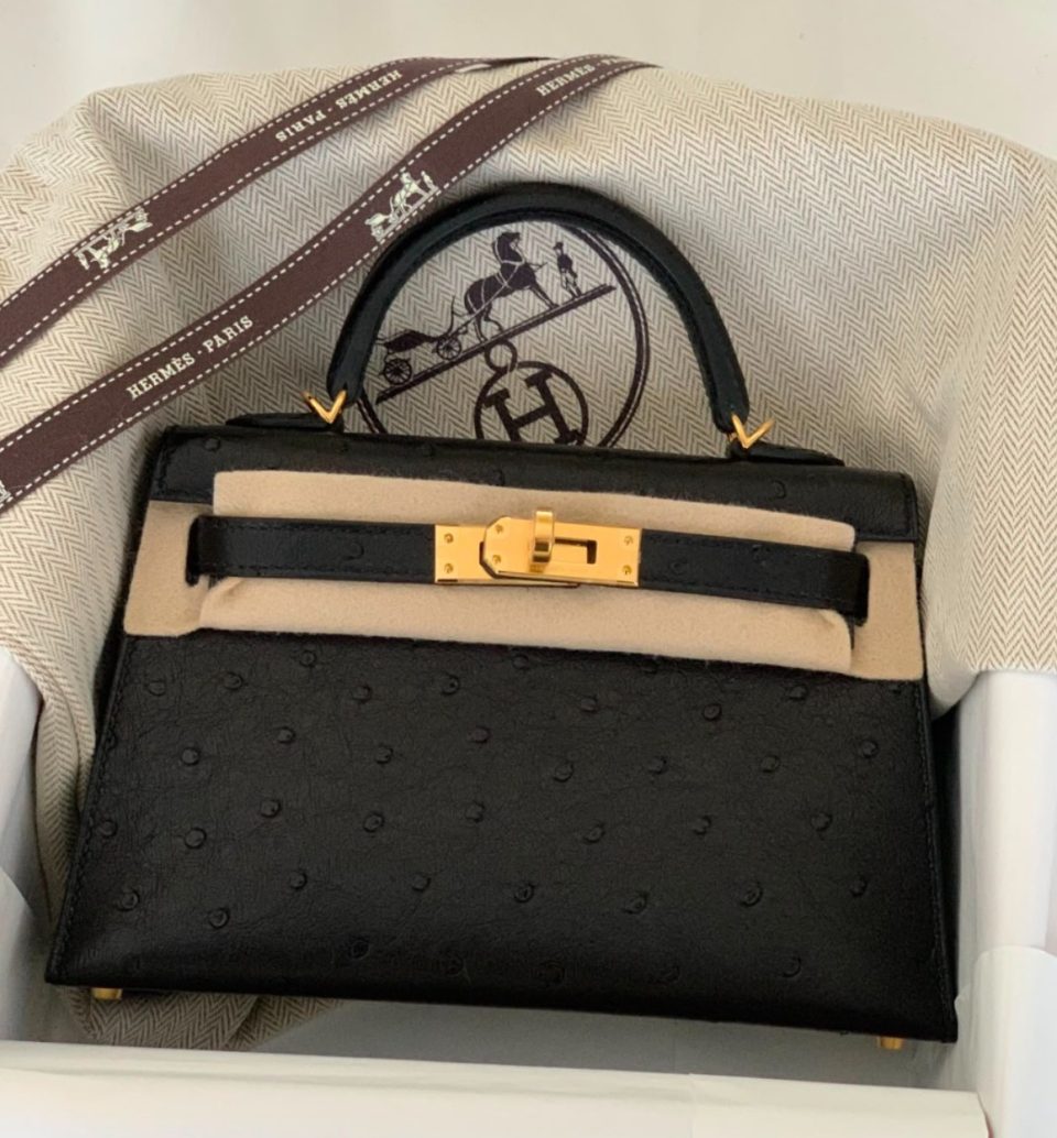 Kelly 20 Mini HSS Black Gris Perle Ostrich Gold