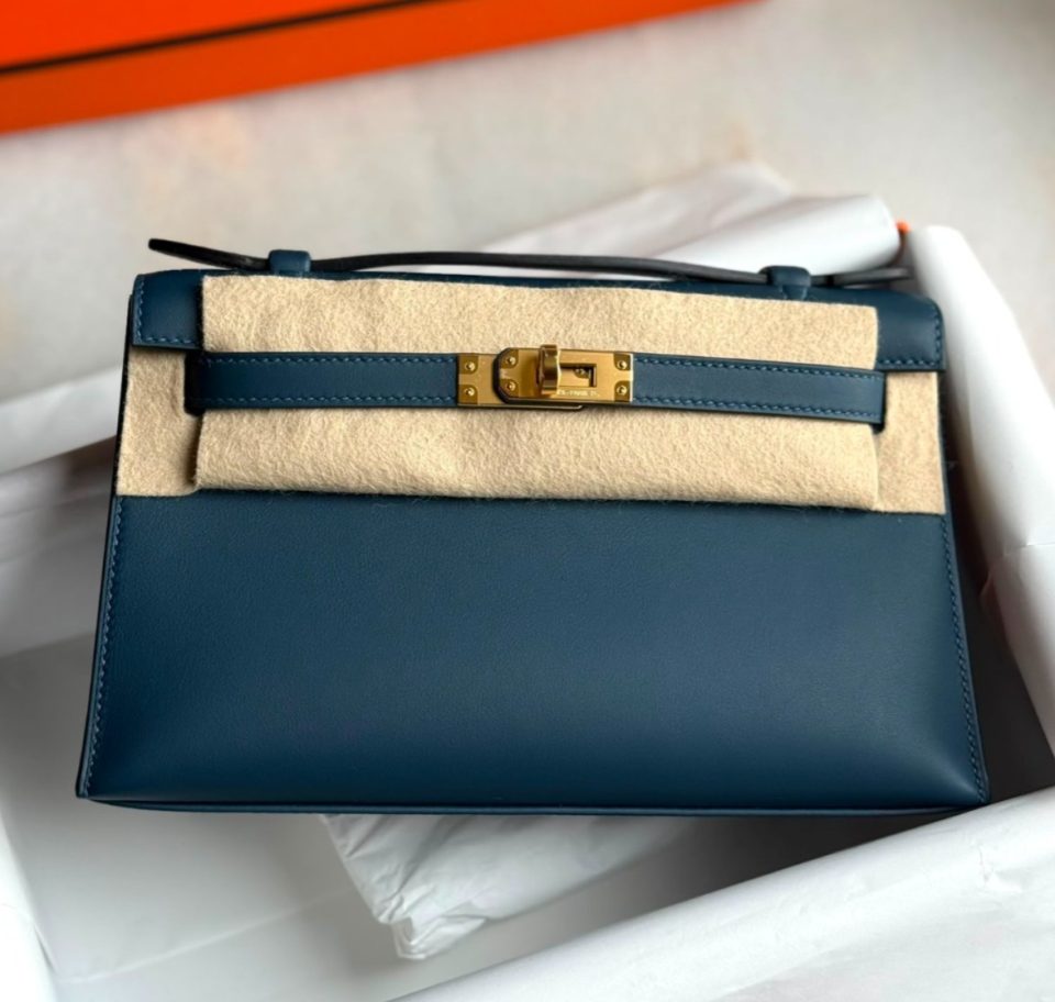 Kelly Pochette Blue de Prusse Swift Gold