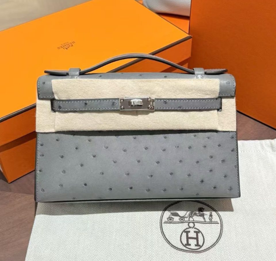 Kelly Pochette Gris Meyer Ostrich Palladium