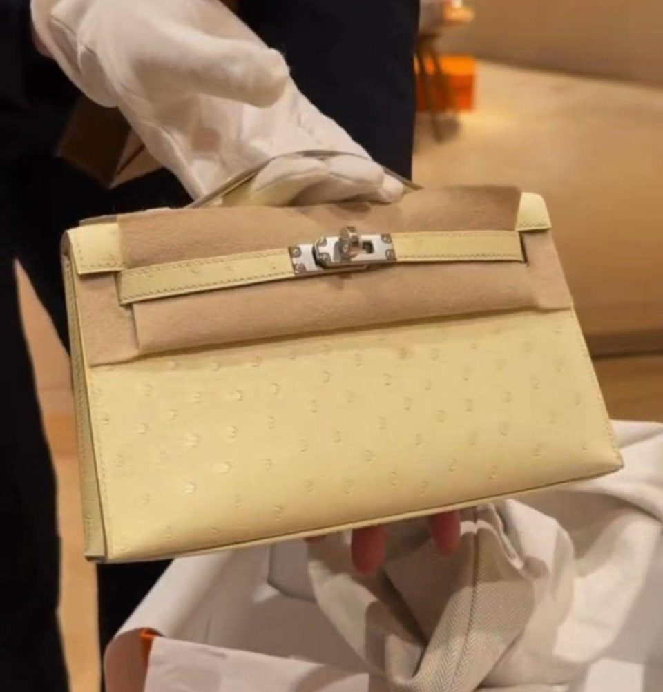 Kelly Pochette Jaune Milton Ostrich Palladium